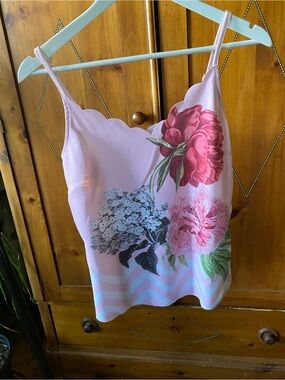 Ted Baker Floral Scallop Cami Top Pink Cream Striped Tank SZ S